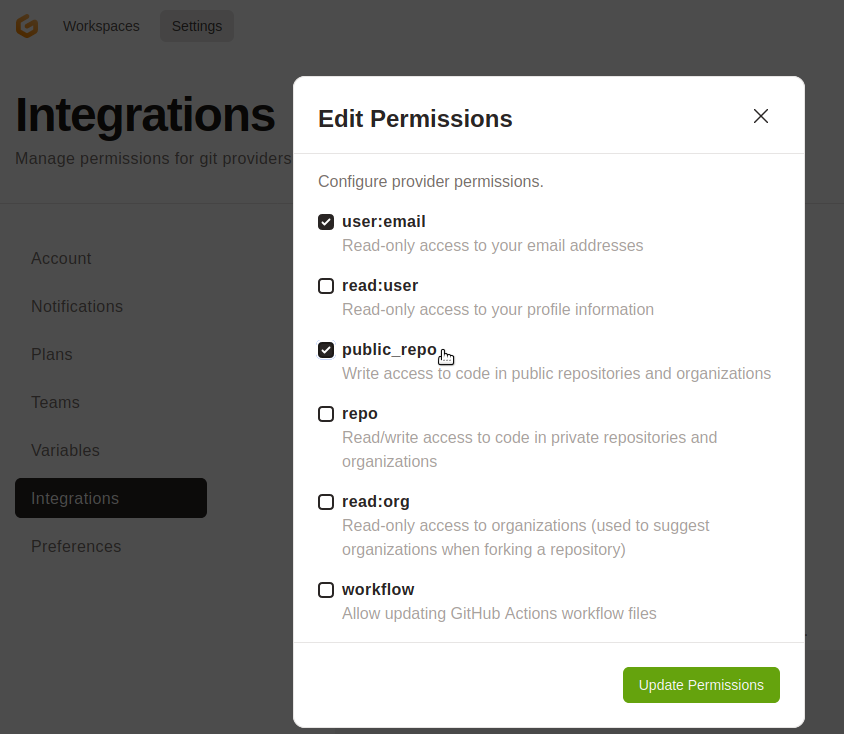 Opening Gitpod's settings in their code
   editor.